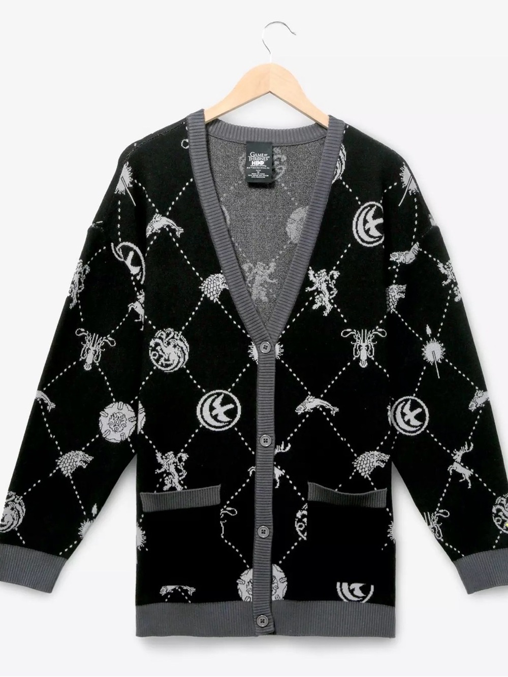 Game of Thrones HBO House Sigil Cardigan Sweater Knit Black Grey Medium
